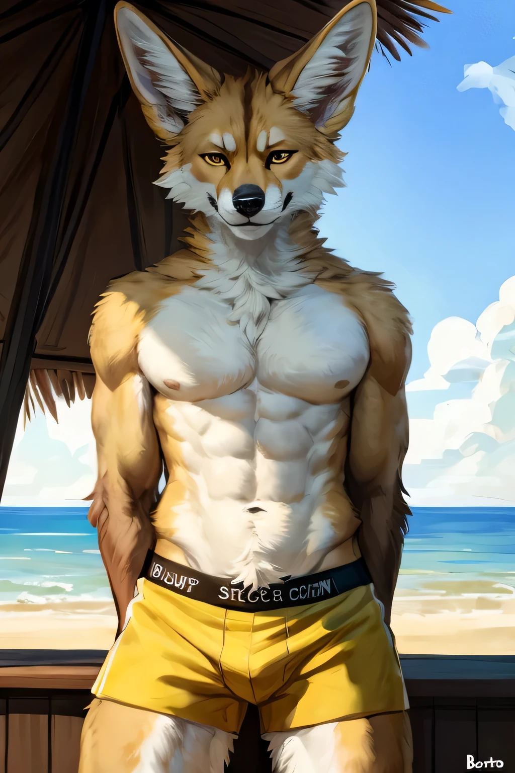 (solo, furry, anthro, hyper realistic, realistic fur), male, front view, muscular body, Fennec, smug, smirk, blushing, head tilted, bending down, wearing (((yellow-colored))) boxer shorts, black sunglasses, hands behind back, standing, beach, blurred background, by bebebebebe:1.2, by buta99,by foxovh, by ruan jia