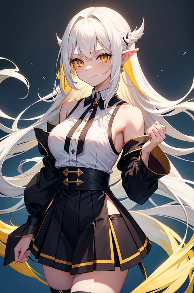 1 girl, One, flowing long hair, yellow eyes, White hair, bare shoulders, skirt, breast, cut off sleeves, long sleeves, hair flaps, closed mouth, black skirt,, shirt, pointed ears, stockings, smile,