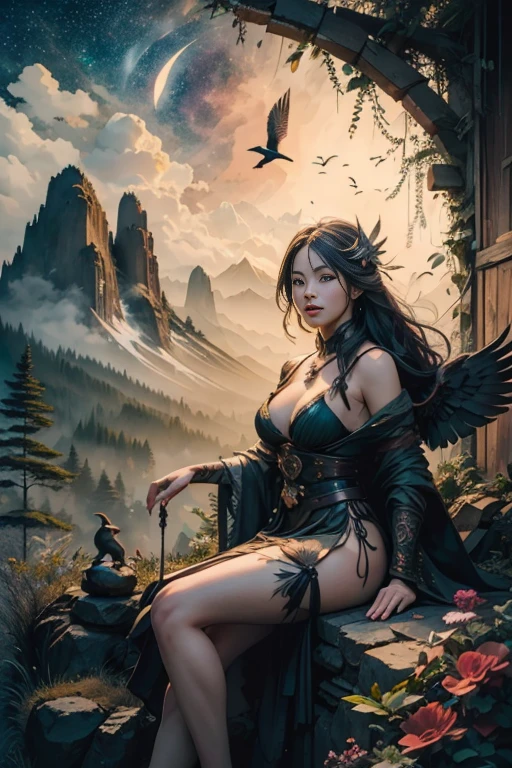 A crow, fantasy scene background, , Mysterious clouds, expression of surprise, incredible views, Unavailable, in the sky, legend, stars illuminating the night sky, Fly free, adventure, terraces, High mountains, Amazing sunset, Fly as much as you want, Through the clouds, Spirit of adventure, Shocking scene with wings spread, Huge starry sky, fusion of tradition and modernity./masterpiece Illustration, high quality, 8k, high resolution, by hajime sorayama, ink