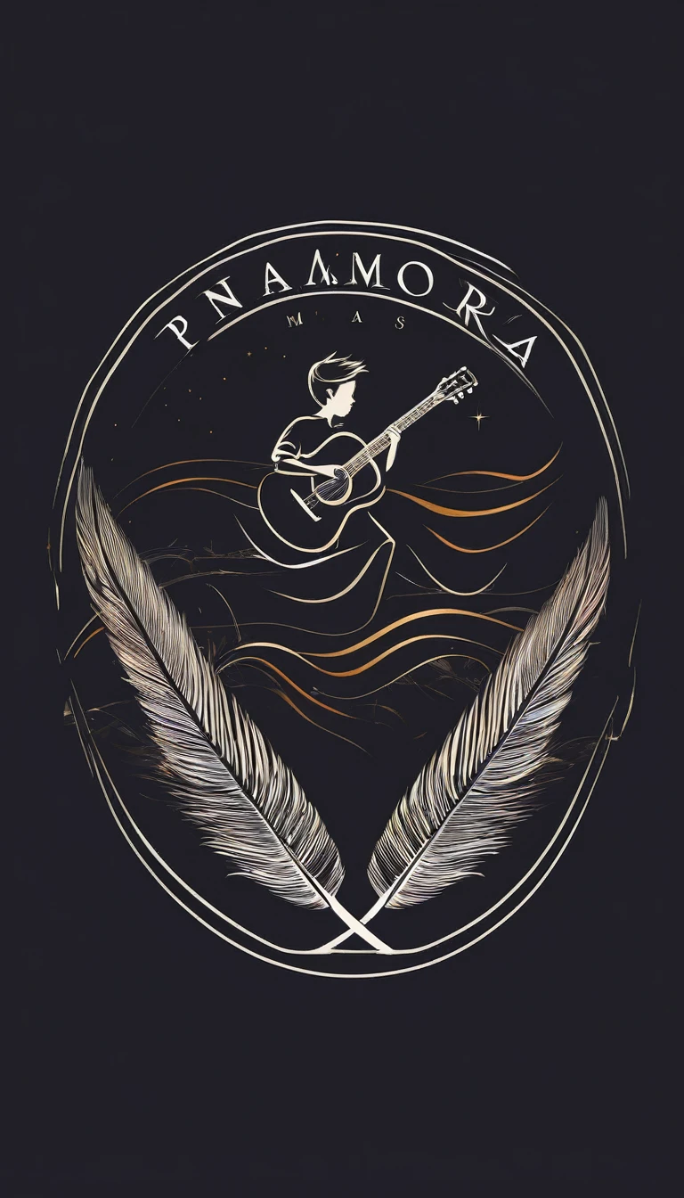 A minimal, modern, simple, cinematic logo design for the brand “Penamemoria". The logotype must be a simple, magical feather and a boy playing acoustic guitar. The logo must convey a sense of music, stories, memories and dreams. Minimalistic logo design of a boy dissolving into a feather of dreams and memories