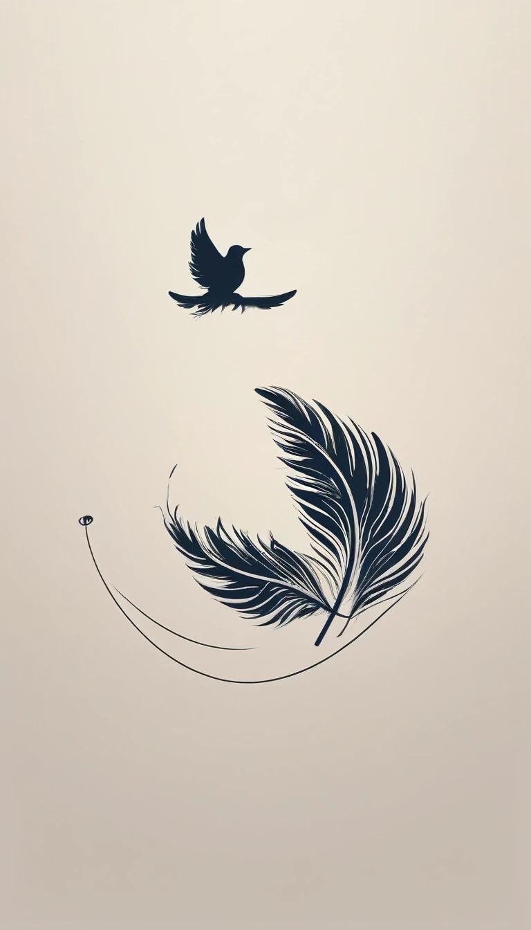 A minimal, modern, simple, cinematic logo design for the brand “Penamemoria". The logotype must be a simple, magical feather and a boy playing acoustic guitar. The logo must convey a sense of music, stories, memories and dreams. Minimalistic logo design of a boy dissolving into a feather of dreams and memories