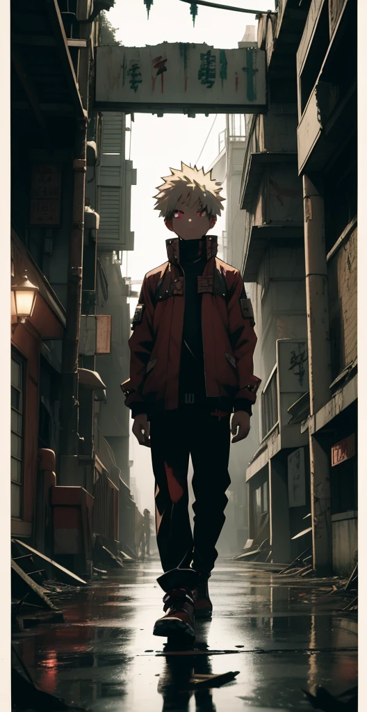 Blonde Katsumi Bakugo with red eyes standing straight、13years、portraitures、Straight face、((deep in the night、mid night、early dawn))、((Ruins、abandoned amusement park、corrosion))、Foggy、Sateen、reflection、Nostalgic but unsettling photos、Images in a dream、horor、Pretty dark image、Grainy photo、Film Touch、color photograph、, Wide Shot, ultra wide-angle,