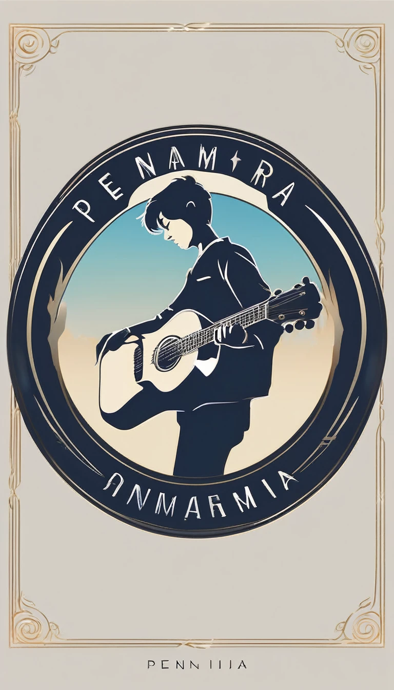 A minimal, modern, simple, cinematic logo design for the brand “Penamemoria". The logo design must be a simple, silhouette of a boy, standing up, playing acoustic guitar and fantasy feather by his side. The logo must convey a sense of music, stories, memories and dreams. Logo design impressed on a book cover. Minimalistic logo. Light blue, white and soft golden as colors for the logo design