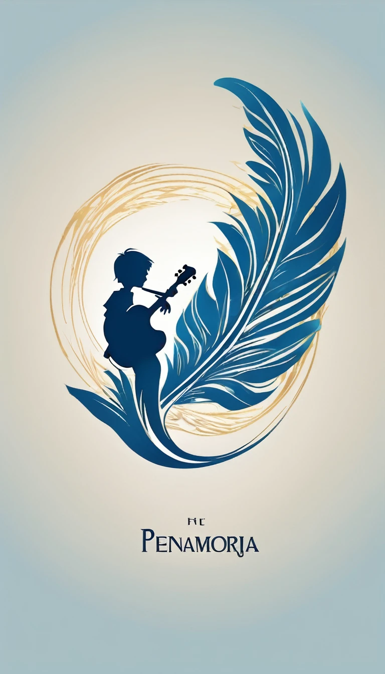 A minimal, modern, simple, cinematic logo design for the brand “Penamemoria". The logo design must be a simple, silhouette of a boy, standing up, playing acoustic guitar and fantasy feather by his side. The logo must convey a sense of music, stories, memories and dreams. Logo design impressed on a book cover. Minimalistic logo. Light blue, white and soft golden as colors for the logo design