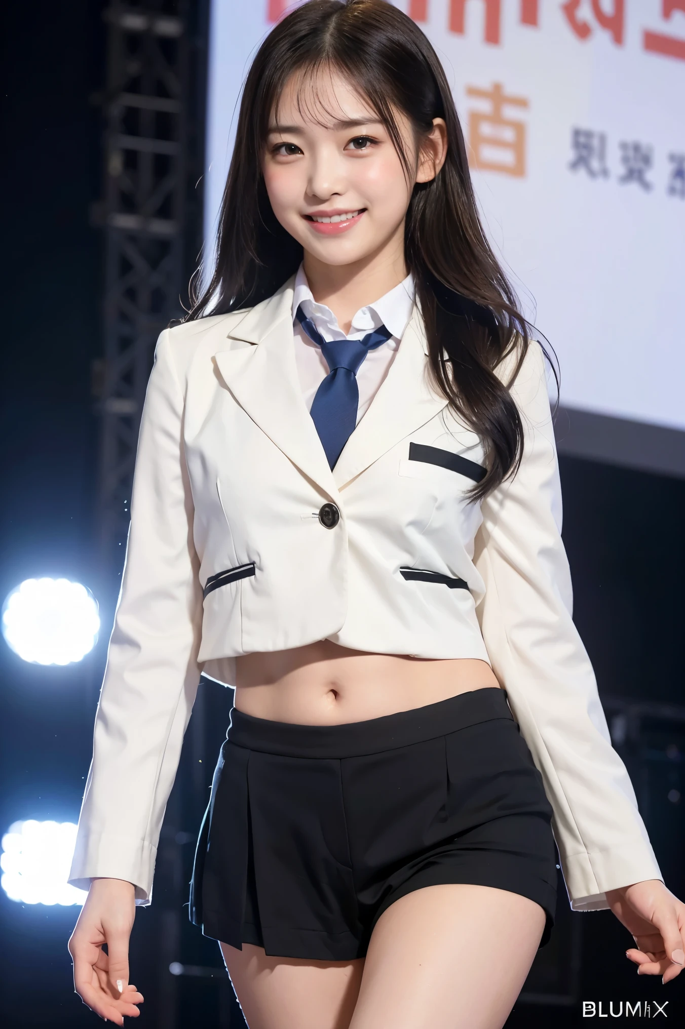 (8k), (highest quality: 1.2), (Realistic), (Realistic: 1.37), Ultra-high resolution, 1 girl, cute, (Embarrassed smile:1.2), (Blushing:1.4),Mouth closed, Beautiful details, Beautiful Nose, black straight Hair, Giant Dulcefo, pork, Thighs,Navel exposed,University Student Uniform,A simple blazer,(white tiny hot pants:1.2),Dancing on the school stage,(Shiny legs:1.4),Medium Shot