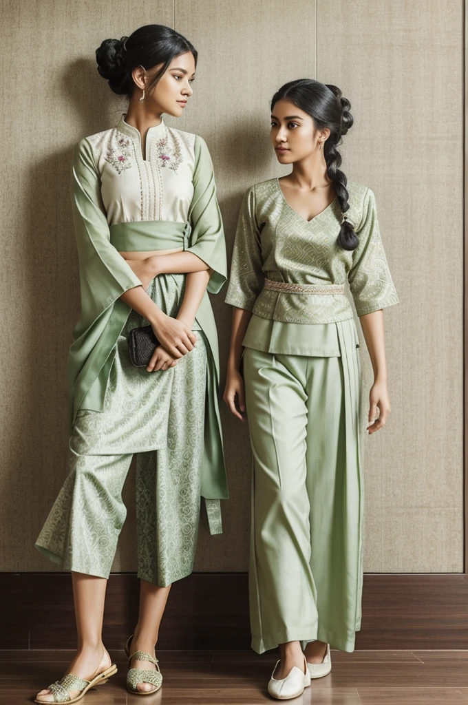 A girl with black wavy bun hair amd a white flower hair pin wearing a malay traditional kedah blouse in sage green and a creamy lace at the arm and the waist and a palazo pant in sage green batik pattern and a white shoe with pearl standing and modelling 3d full body show in the picture