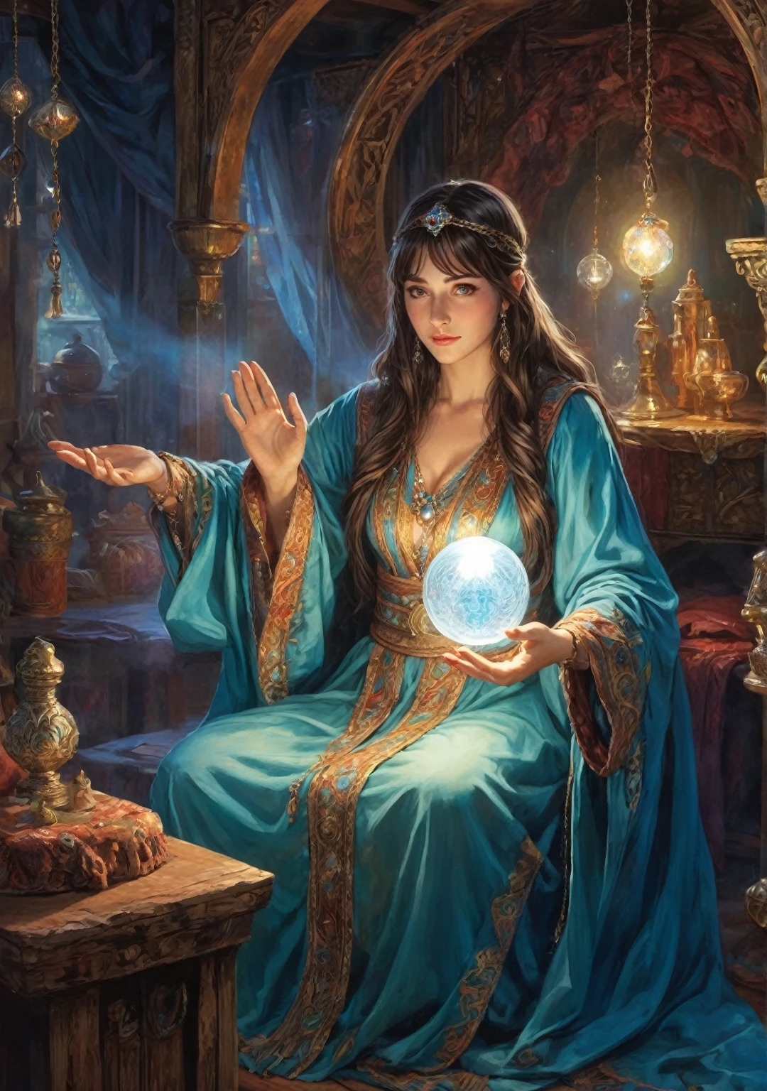 Female fortune teller. (Overall body orientation: frontal) Charming, beautiful and mysterious. She wears a blue cloak and has a clear face. Eyes wide open, looking straight ahead. Bright and glittering, full of anxiety and anticipation. She holds a crystal ball in both hands. He stands up and holds the crystal ball in front of his chest. The crystal ball is one color and crystal clear. The lighting in the room is bright, creating a magical atmosphere. Highest picture quality, 4K or 8K resolution. Level of detail is very fine and photorealistic. Artistic style should reflect a formal aesthetic with bright colors and strong contrasts. The color palette should emphasize the mysterious and mystical theme of the work. The fortune teller's cloak is decorated with metal trim and intricate designs, with a thickness ratio of 1.5 The overall ambiance is lovely and fantastical. The overall atmosphere is lovely and fantastic. The expression of the fortune teller must be mysterious and intriguing.