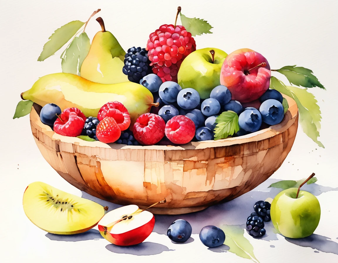 Against brilliant white background. The illustration portrays a wooden bowl filled with an assortment of colorful fruits. Among them are green and red apples, a pear, bananas, blueberries, strawberries, raspberries, blackberries, and slices of kiwi. The bowl rests on a surface, casting subtle shadows, while the plain brilliant white background accentuates the vibrant hues and the wooden texture of the bowl. This image could be relevant for discussions on healthy eating or as an example of realistic still life art. Loose Watercolor Style. Minimalist Color. 