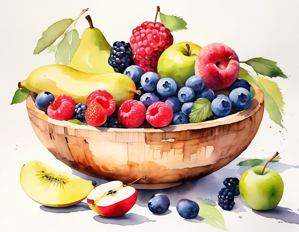 Against brilliant white background. The illustration portrays a wooden bowl filled with an assortment of colorful fruits. Among them are green and red apples, a pear, bananas, blueberries, strawberries, raspberries, blackberries, and slices of kiwi. The bowl rests on a surface, casting subtle shadows, while the plain brilliant white background accentuates the vibrant hues and the wooden texture of the bowl. This image could be relevant for discussions on healthy eating or as an example of realistic still life art. Loose Watercolor Style. Minimalist Color.