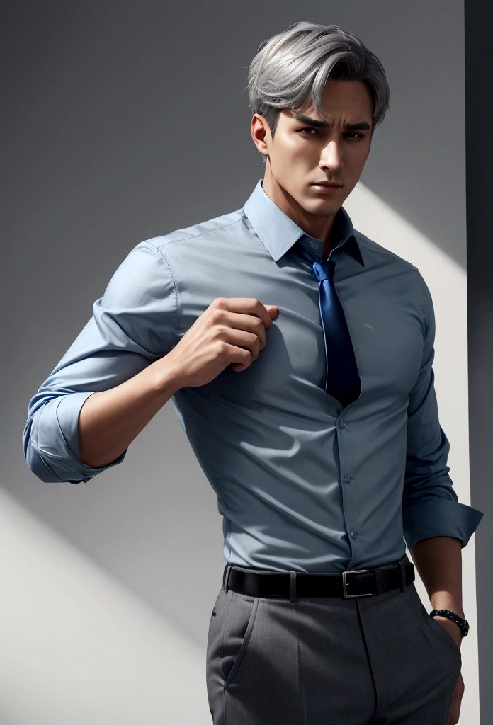 man, very short hair, slightly gray, with blue dress shirt, with maximum characteristics prevailing