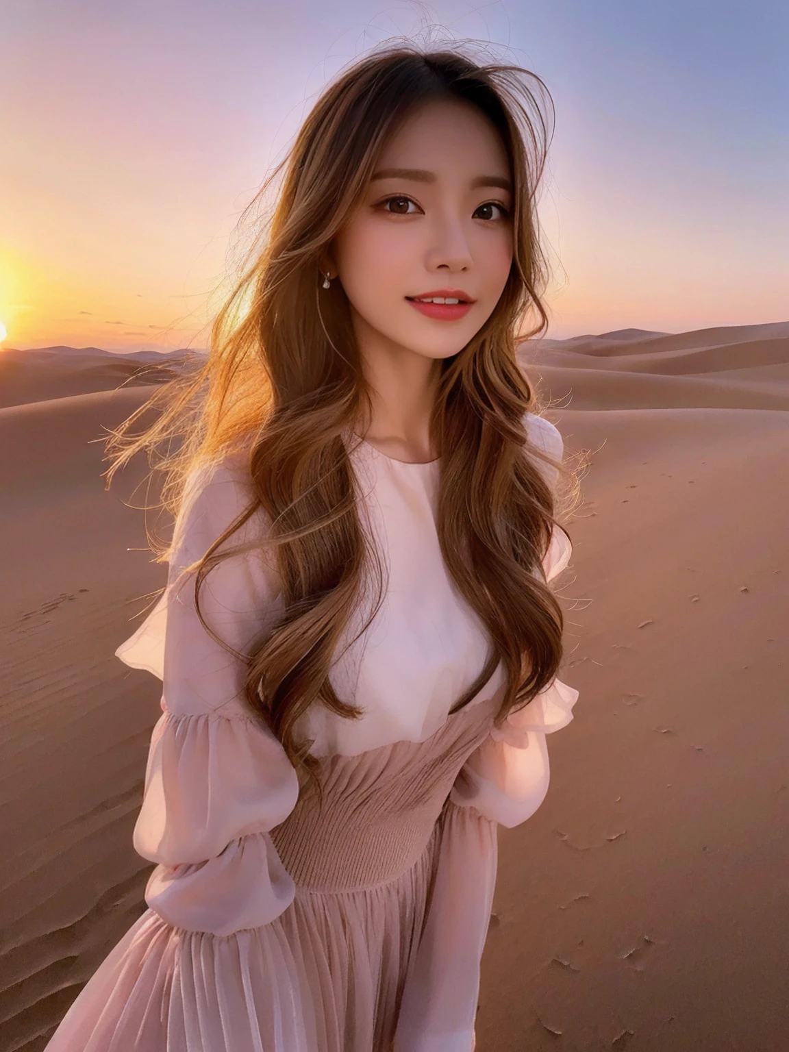 (Highest quality,4K,8K,High resolution,masterpiece:1.2),Super detailed,(Realistic,photoRealistic,photo-Realistic:1.37),Fashion Photography, Angelic Girl, Beautiful attention to detail, smile, Beautiful lip detail, Long eyelashes, Random hairstyle, Random hair color, Stylish makeup, (((Lively))), Gorgeous Model, Pose with confidence, Sensual expression, Modern photography techniques, A striking contrast of light and shadow, Soft and natural lighting, Light skin, A faint blush, Add a pop of color to your lips, Dramatic background in vibrant colors, Artwork, Ethereal atmosphere, The whisper of the wind blowing through her hair, Graceful and elegant posture, Bokeh effect, A flowing, sheer summer dress, Exquisite accessories, Bold and creative fashion choices, (((In the middle of the desert dunes, sunset)))