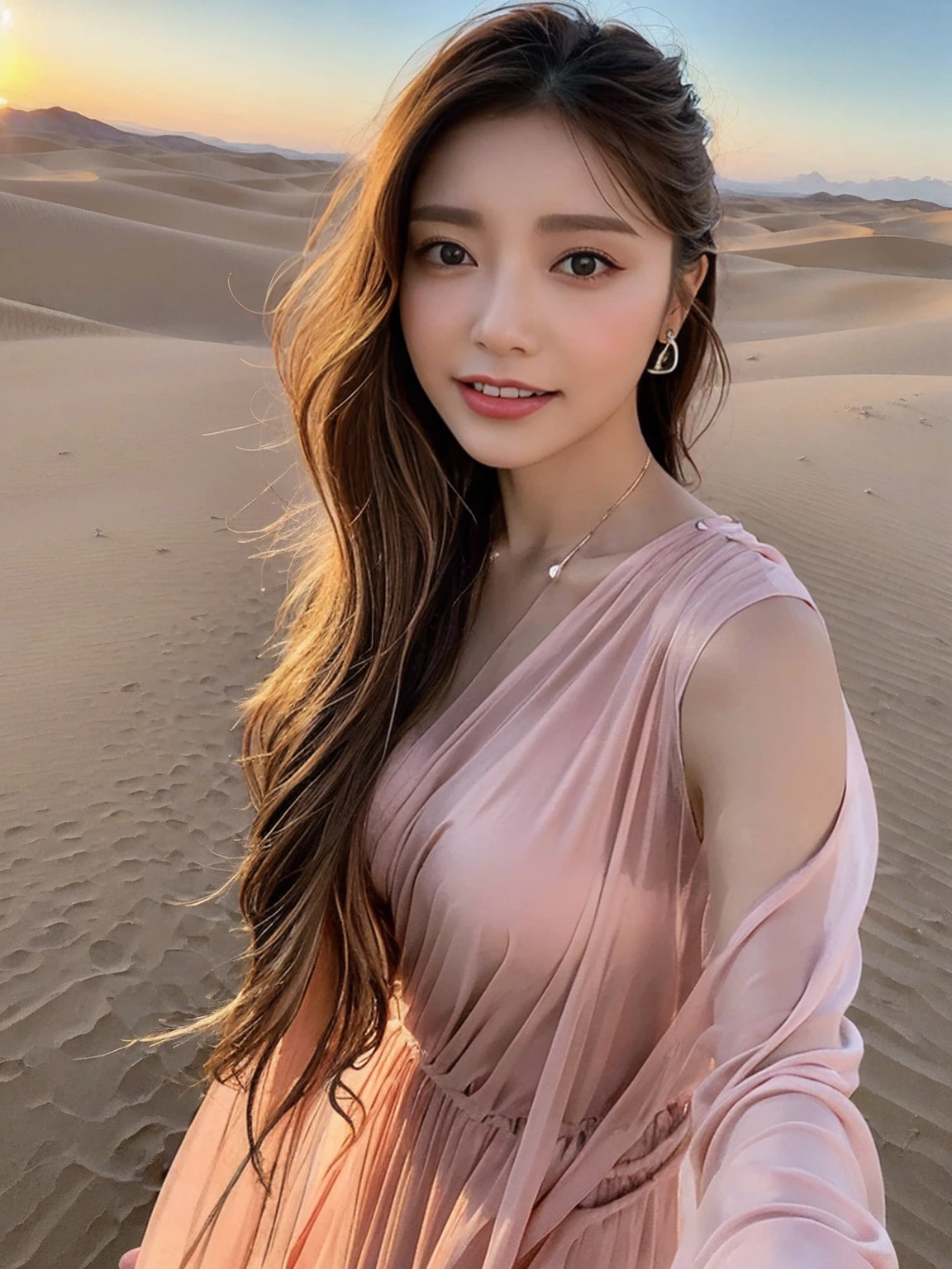 (Highest quality,4K,8K,High resolution,masterpiece:1.2),Super detailed,(Realistic,photoRealistic,photo-Realistic:1.37),Fashion Photography, Angelic Girl, Beautiful attention to detail, smile, Beautiful lip detail, Long eyelashes, Random hairstyle, Random hair color, Stylish makeup, (((Lively))), Gorgeous Model, Pose with confidence, Sensual expression, Modern photography techniques, A striking contrast of light and shadow, Soft and natural lighting, Light skin, A faint blush, Add a pop of color to your lips, Dramatic background in vibrant colors, Artwork, Ethereal atmosphere, The whisper of the wind blowing through her hair, Graceful and elegant posture, Bokeh effect, A flowing, sheer summer dress, Exquisite accessories, Bold and creative fashion choices, (((In the middle of the desert dunes, sunset)))