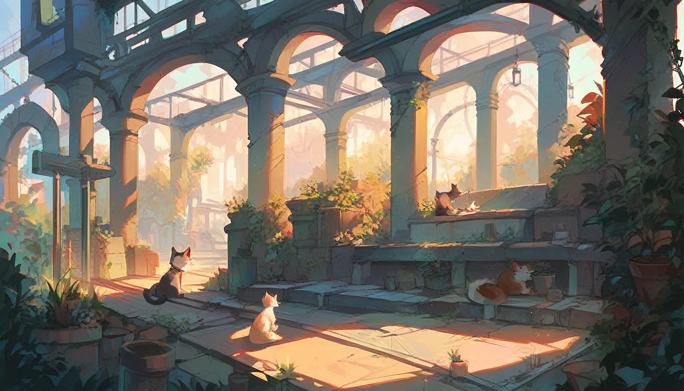 score_9, score_8_up, score_7_up, A boy sitting in an abandoned train station, plants, cats, sunny, diagonal lights, ruins