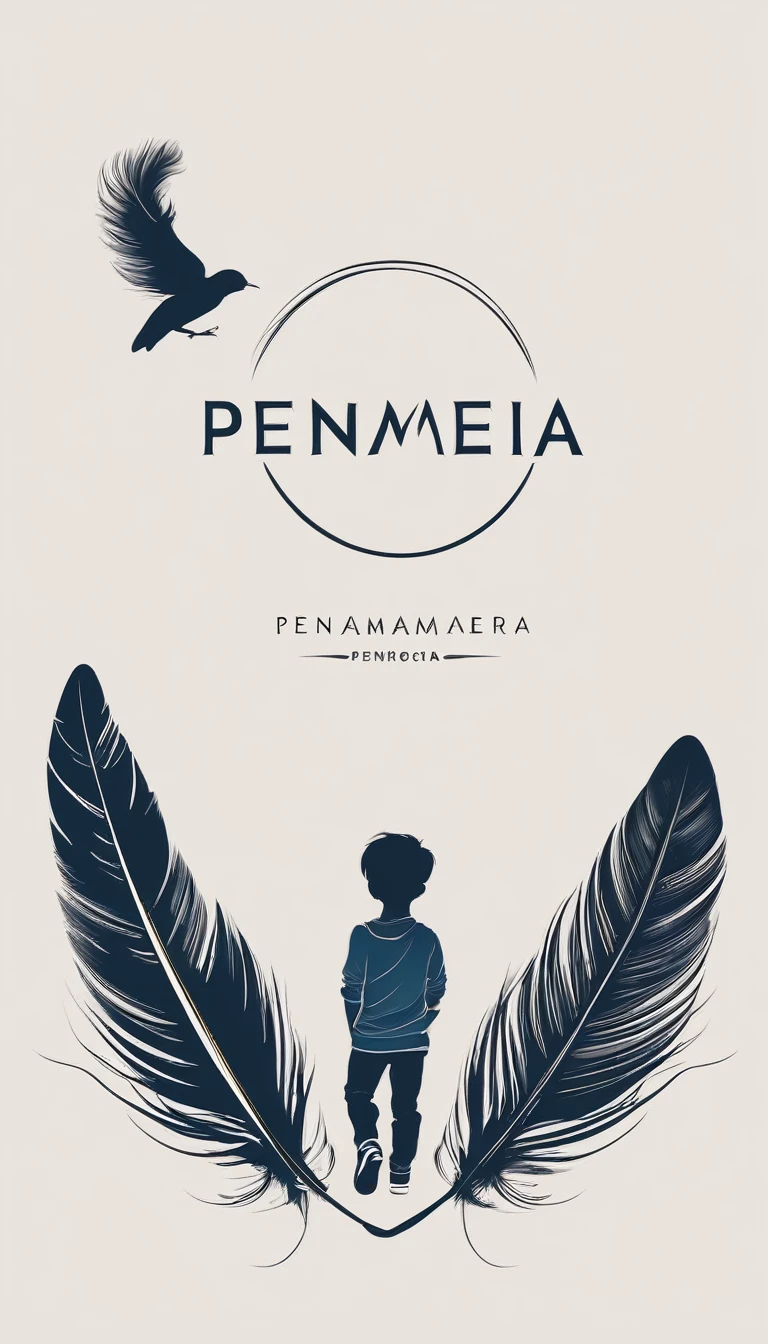 A minimalist, fantastic, poetic, dreamy, captivating, memorable, masterpiece, modern, simple logo design of a boy and a feather for the brand “Penamemoria". The logo must convey a sense of music, stories and dreams. Minimalistic logo design of a boy and a feather.