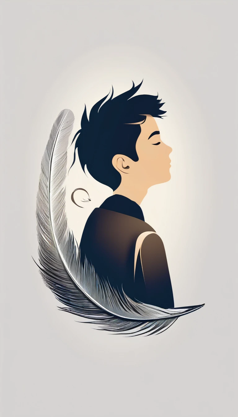 A minimalist, fantastic, poetic, dreamy, captivating, memorable, masterpiece, modern, simple logo design of a boy and a feather for the brand “Penamemoria". The logo must convey a sense of music, stories and dreams. Minimalistic logo design of a boy and a feather.