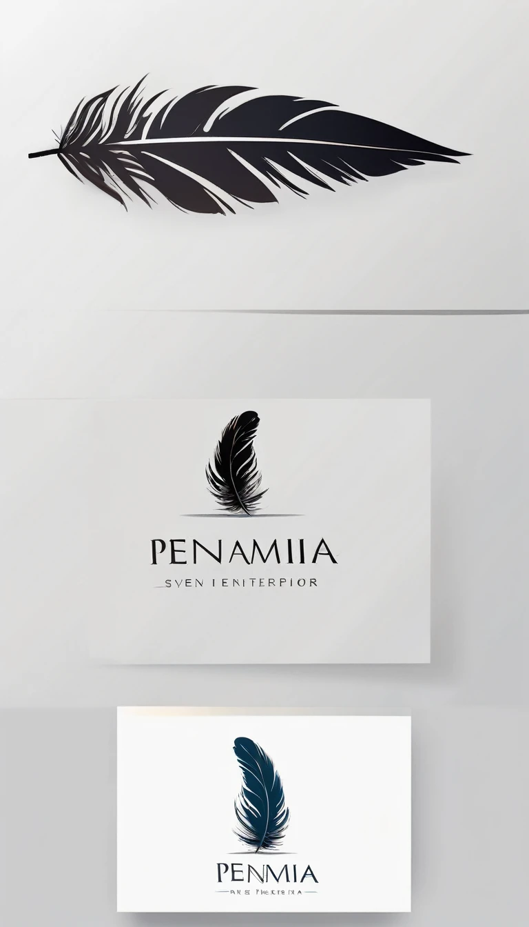 A minimalist, fantastic, poetic, dreamy, captivating, memorable, masterpiece, modern, simple logo design of a boy and a feather for the brand “Penamemoria". The logo must convey a sense of music, stories and dreams. Minimalistic logo design of a boy and a feather.