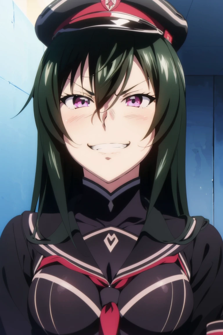 (((grinning lasciviously))), seductive anime girl, (((nefarious smirk))), [[[[grinning evily]]]], beautiful, masterpiece, ultra detailed, extremely detailed, ultra high res, 8k, beautiful detailed face, anime screencap, heart shaped face woman, (black hair:1.2), long hair, hair between eyes, large breasts, fearless face, sharp face, slant eyes, cat eyes, 170cm tall, (((adult))), perfect proportion, (((black high-leg leotard))), (((dare shoulder))), cleavage, (((thigh boots))), choker, (((military cap))), anime style, ultra detailed beautiful face and eyes, front view, raw phot, incredibly absurdres, Beautiful portrait of cute anime girls, super fine illustration, full-hd, hdr, best aesthetic, distinct, exquisite, masterwork, by famous artist, highers, (((perfect anatomy))), mocking, (((rape face))), (((evil grin))), intense eyes, sadistic, gleaming skin, oil skin, slut face, (((full-face blush))), smirking, mischievous grin, furrowed mouth, both legs, pouty lips, downturned corners, rosy hue, grin widely, cheeky smirk, (((bad-tempered glare))), gloating, crazy smile, scary face, cruel smile, fang, connected teeth,, (((elbow gloves))), (((big connected teeth)), glare, grimace, smirk, (((scowling face))), smile broadly, symmetrical eyes, even eyes, perfect eyes, (((squinting eyes))), deep detailed eyes, shiny clothes, 1girl, solo, smug, smile grimly, (((dimpled smile))), pink eyes, (((upper body shot))), (((laugh))), (((pleasure face))), (((brutality face))), (((scary face))), (((empty eyes))), anime best girl, [[[[grinning evily]]]], anime moe artstyle, collarbone, dare collarbone,