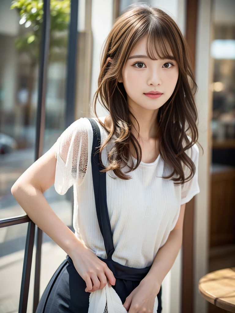 super high quality, short hair, thin, Photography Sculpture, The staff is working at the counter in the back.., (8K、RAW Photos、Highest quality、masterpiece:1.2), Japanese Idols, Hairy, Sportswear, Stylish cafe, (Realistic、Realistic:1.37), Mesh Hair, Normal chest, Urban Cafe, Golden Ratio, RAW Photos, Cute face , Light brown hair, Bright cafe interior, Blurred Background, Spring Clothes, Sweet expression, Observe the audience, Beautiful hairstyle, 20-year-old, Hair blowing in the wind, Dress neatly,