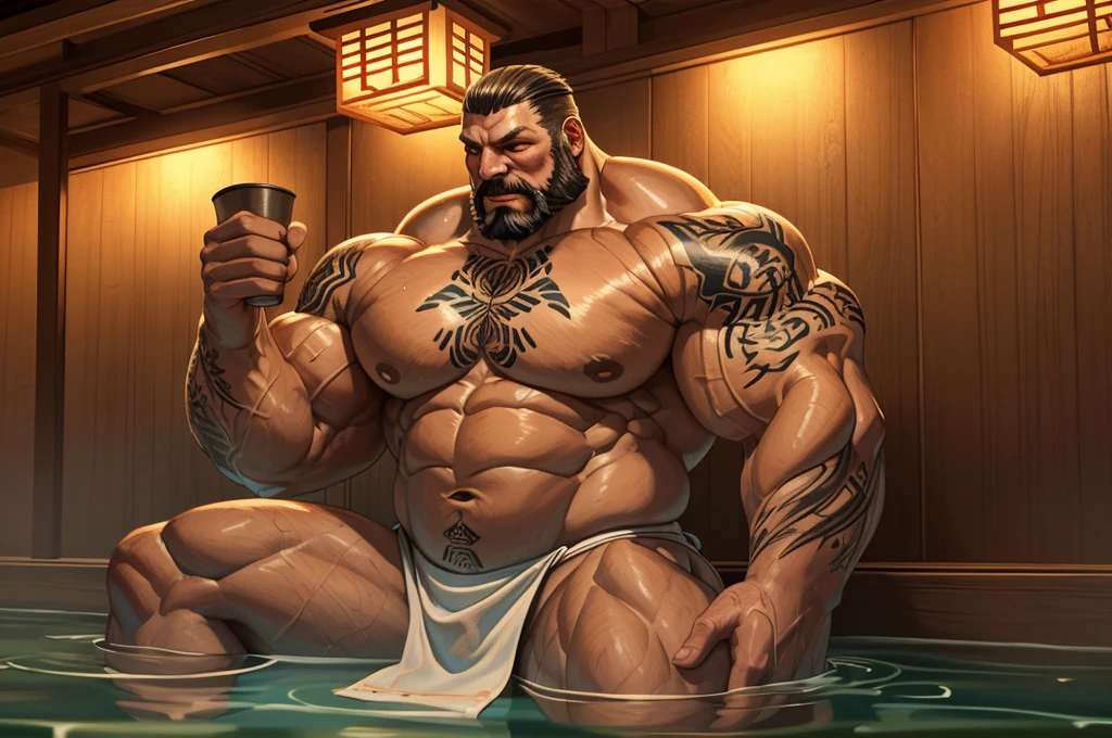 An old man soaking in an onsen, half submerged, (huge muscular), (yakuza tattoo:1.2), detailed muscles, 8k, masterpiece:1.2, hyperrealistic, white fundoshi, highly detailed full body, really big muscle, massive muscle, thick arms, wide pectoral, submerged, floating steam, rich colors, serene atmosphere, traditional Japanese setting, wooden hot spring, soft ambient lighting, wrinkled skin, tranquil expression, reflective water, peaceful relaxation