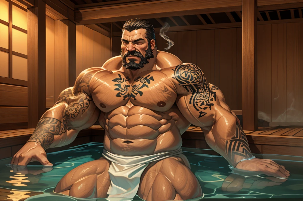 An old man soaking in an onsen, half submerged, (huge muscular), (yakuza tattoo:1.2), detailed muscles, 8k, masterpiece:1.2, hyperrealistic, white fundoshi, highly detailed full body, really big muscle, massive muscle, thick arms, wide pectoral, submerged, floating steam, rich colors, serene atmosphere, traditional Japanese setting, wooden hot spring, soft ambient lighting, wrinkled skin, tranquil expression, reflective water, peaceful relaxation