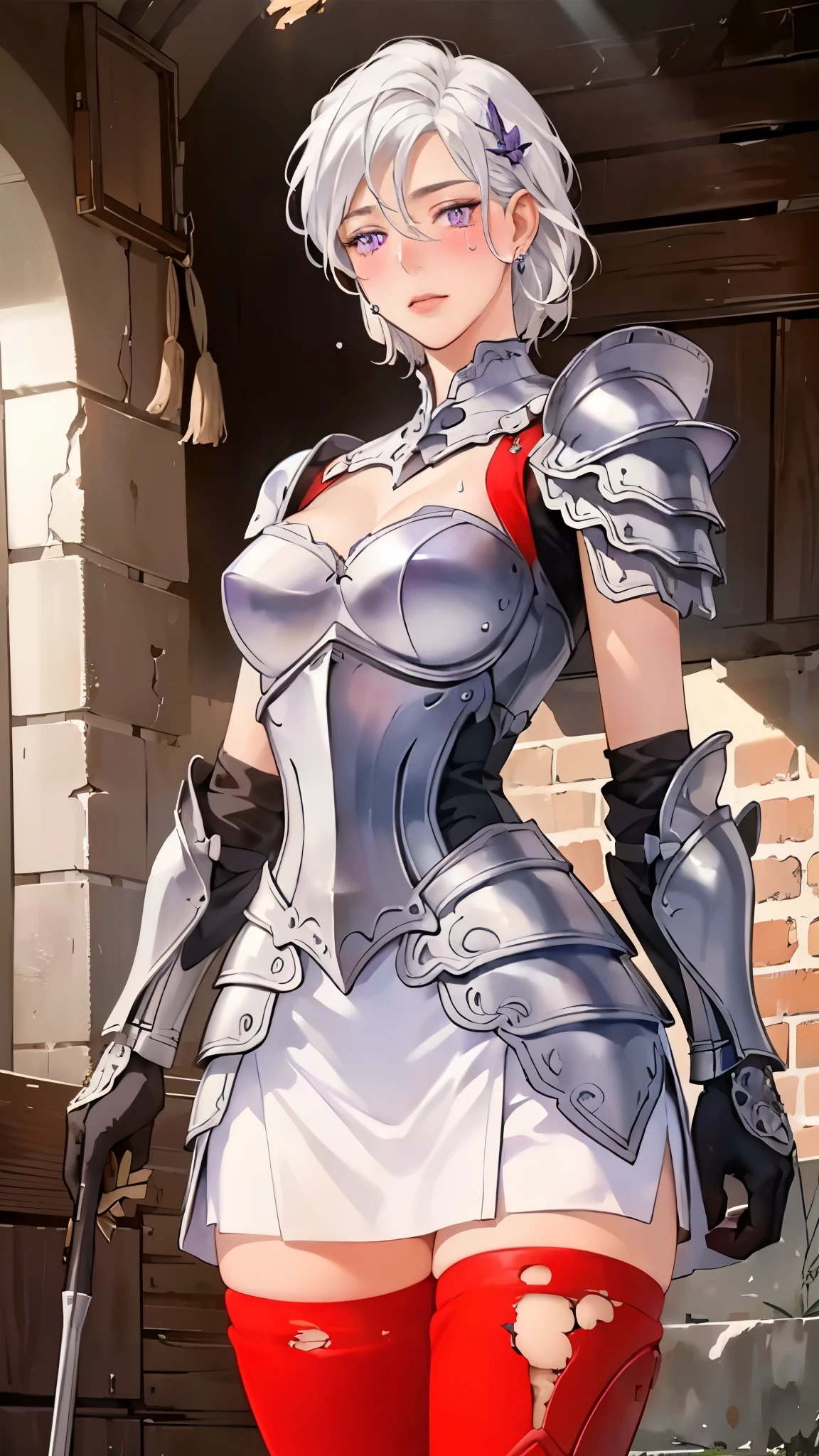 ((((masterpiece, best quality, high resolution)))), Extremely detailed 8K, Beautiful girl with voluptuous body, (Ultra HD, Ultra-detailed, Highly detailed, Highly realistic, Ultra-realistic, photograph realistic), (1girl:1.5), (Realistic white hair), (short wavy hair, hair ornaments, earrings), (dynamic poses), facing at camera, looking at viewer, (blushing red, embarrassed), (purple eyes, sharp eyes), (perky breasts:1.2), (beautiful detailed face, beautiful detailed eyes), ((broken armour, breasts plate, thighs)), (standing up), sweat, glow, (sunbeam, sunlight), ((cowboy shot)), inside dungeon, seductive