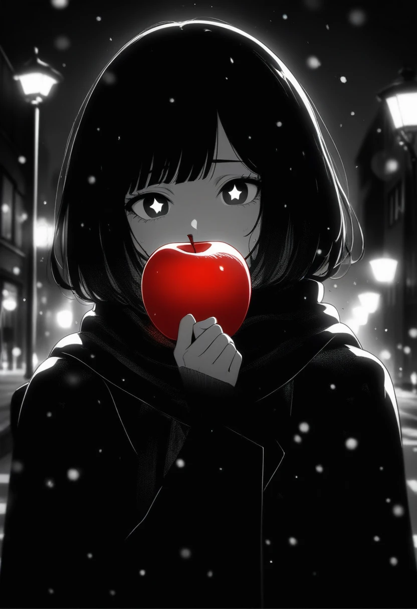 masterpiece, best quality, 1girl, momose_(oqo) official art, grayscale, manga style, japanese, chi no wadachi, black eyes, glowing white pupils, street, iced, black hair, schoolbag, lineart, looking at viewer, blood on face, black coat, black scarf, 35 years old, mature_female:1, tall, fair skinned, bokeh background, bob cut, light particles, centered, snowing, emotional anime scene, scenery, outdoors, (very aesthetic, best quality, ultra detailed), intricate details, red and blue lights flashing, cool, soleless, emotionless, tired, taking a bite out of a shiny red apple, eating apple, holding apple to lips, holding, street lamp, surrounded by darkness, stars in the sky, biting, full shot, sidewalk