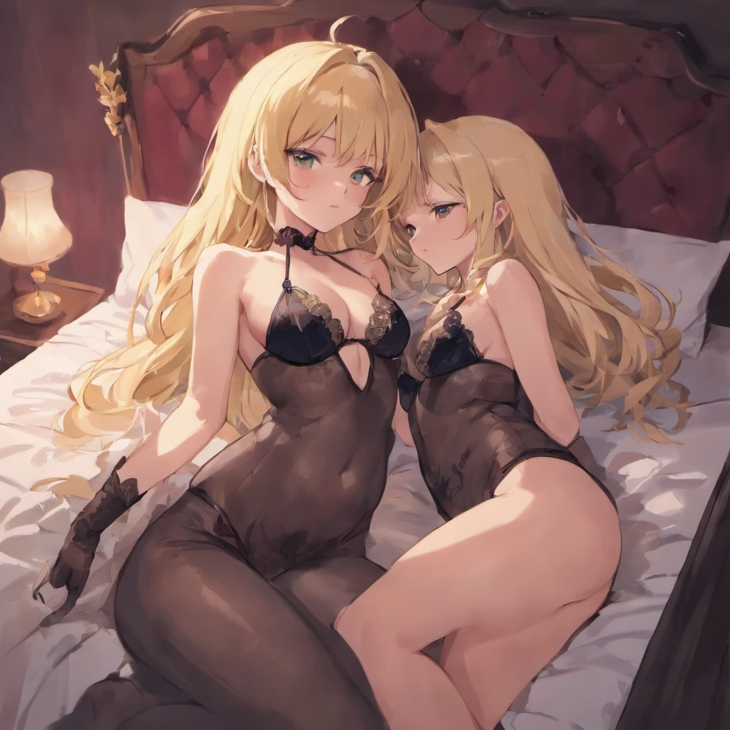 Sexy long-haired blonde beauty with huge breasts seduces her partner in bed wearing sexy black lingerie