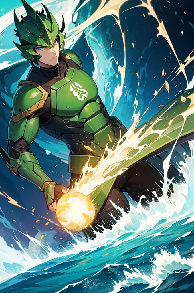 A giant green turtle on land,Flames appear on the turtle shell,water polo,Thunder element,There are also some mechanical armor,Turtle with ferocious expression