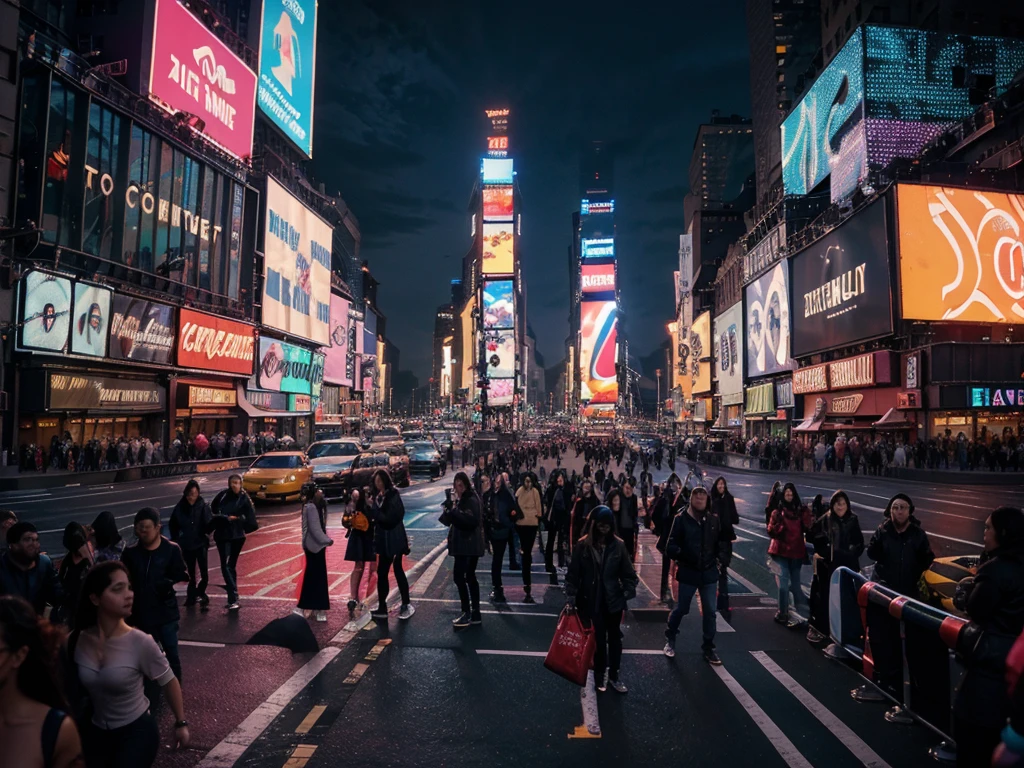 a crowded Times Square in New York City at night, bright neon lights, flashing billboards, bustling city streets, people walking, Broadway theaters, a large New Year's Eve ball dropping, cityscape, hyper-realistic, cinematic lighting, vibrant colors, 8K, photorealistic, masterpiece