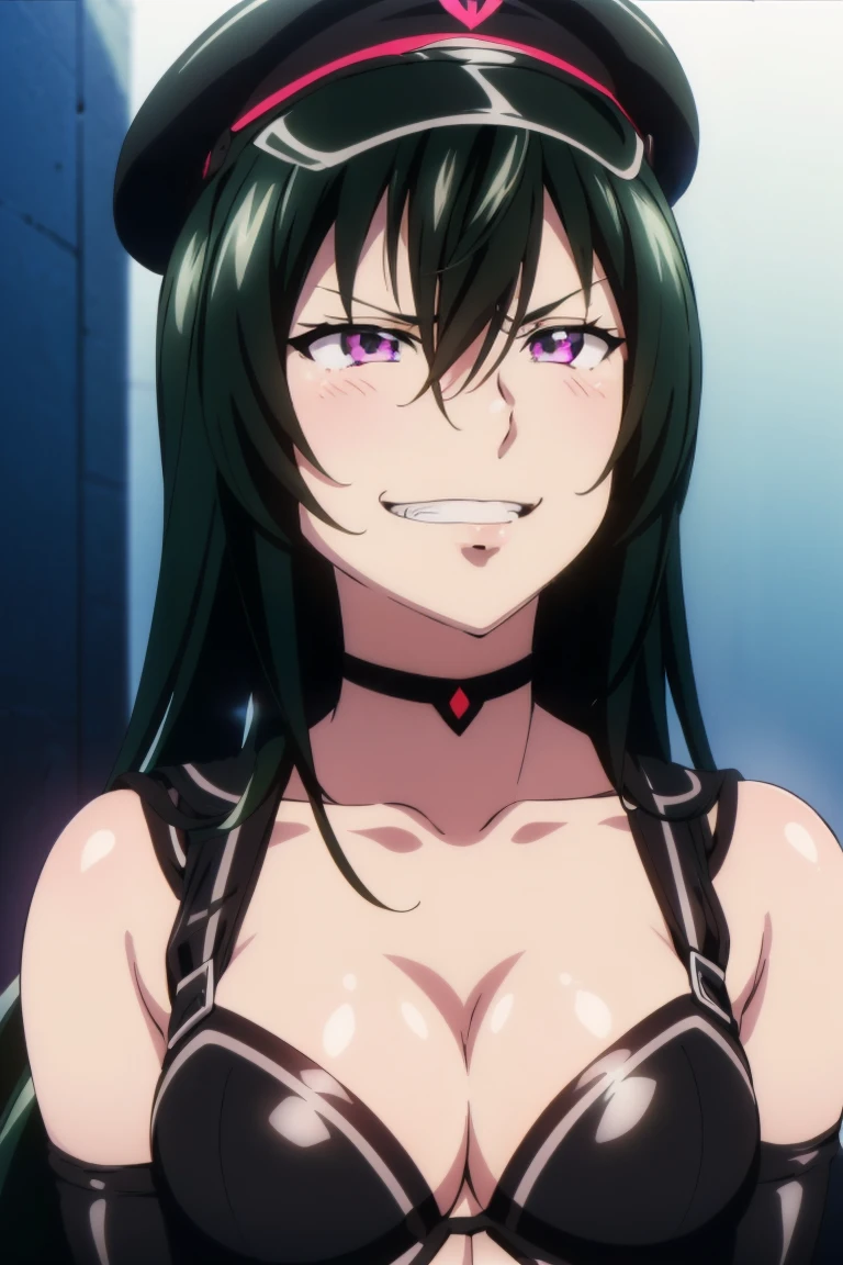 (((grinning lasciviously))), seductive anime girl, (((nefarious smirk))), [[[[grinning evily]]]], beautiful, masterpiece, ultra detailed, extremely detailed, ultra high res, 8k, beautiful detailed face, anime screencap, heart shaped face woman, (black hair:1.2), long hair, hair between eyes, large breasts, fearless face, sharp face, 170cm tall, (((adult))), perfect proportion, (((black high-leg leotard))), (((dare shoulder))), cleavage, (((thigh boots))), (((spiked choker))), (((military cap))), anime style, (((ultra detailed beautiful face and eyes))), front view, raw photo, incredibly absurdres, Beautiful portrait of cute anime girls, super fine illustration, full-hd, hdr, best aesthetic, distinct, exquisite, masterwork, by famous artist, highers, (((perfect anatomy))), mocking, (((rape face))), (((evil grin))), sadistic, gleaming skin, oil skin, slut face, (((full-face blush))), smirking, mischievous grin, furrowed mouth, both legs, pouty lips, downturned corners, rosy hue, grin widely, cheeky smirk, (((bad-tempered glare))), gloating, crazy smile, scary face, cruel smile, fang, connected teeth,, (((elbow gloves))), (((big connected teeth)), glare, grimace, smirk, (((scowling face))), smile broadly, symmetrical eyes, even eyes, perfect eyes, (((squinting eyes))), (((deep detailed eyes))), shiny clothes, 1girl, solo, smug, smile grimly, (((dimpled smile))), (((pink eyes))), (((standing, looking at viewer))), (((laugh))), (((pleasure face))), (((brutality face))), (((scary face))), (((empty eyes))), anime best girl, [[[[grinning evily]]]], anime moe artstyle, collarbone, dare collarbone, fair skin, deep detailed eyes, (((extremely detailed beautiful face and eyes))), perfect teeth, perfect mouth, adult face, (((clear eyes, perfect face, light eyes, symmetrical eyes, even eyes))), ,groin, mole under eye, perfect body, accurate face parts, harness bondage, crossed arms, black clothes, black wear,