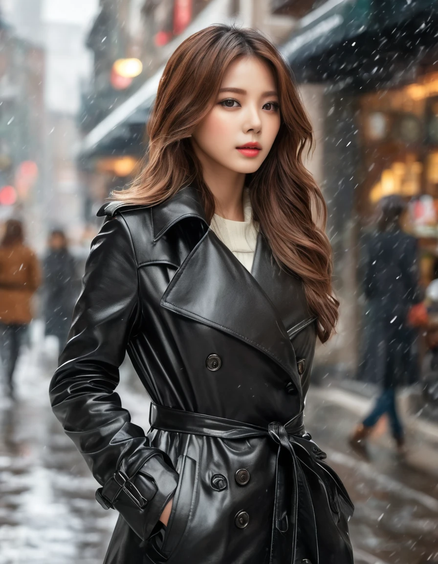 black leather trench coat, open clothes, ((realistic, masterpiece, Best Quality, 8K, high resolution:1.3)), photorealistic, (illustration:0.7), extremely fine, extremely detailed CG, JapaneseK-POP idol, good anatomy, long hair, detailed face, black eyes, detailed lips, long eyelashes, detailed hair, model body type, beautiful standing figure, cityscape with fashionable cafes, people passing by, focus on women, light snow is falling,