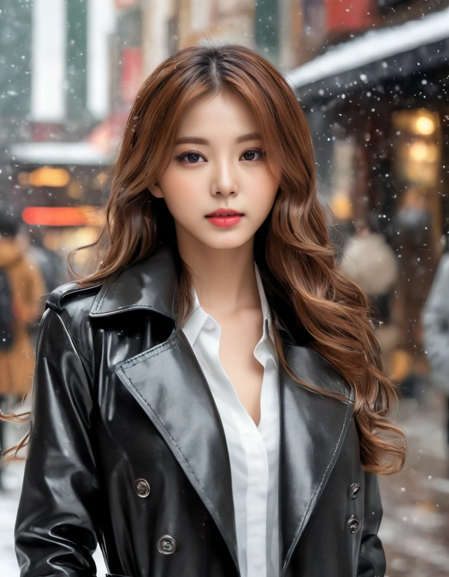 black leather trench coat, open clothes, ((realistic, masterpiece, Best Quality, 8K, high resolution:1.3)), photorealistic, (illustration:0.7), extremely fine, extremely detailed CG, JapaneseK-POP idol, good anatomy, long hair, detailed face, black eyes, detailed lips, long eyelashes, detailed hair, model body type, beautiful standing figure, cityscape with fashionable cafes, people passing by, focus on women, light snow is falling,