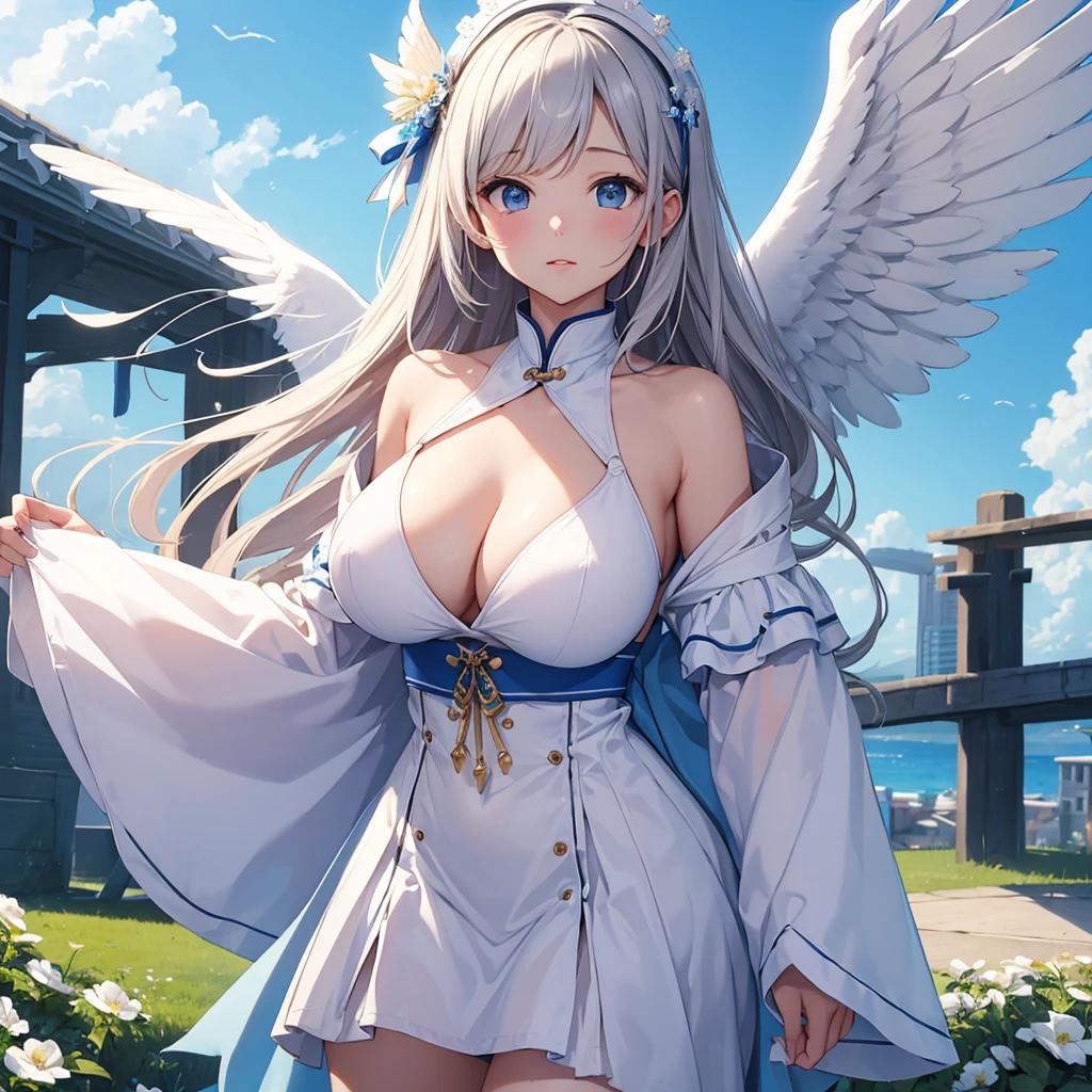 (high quality).(masterpiece)、(Loyal)Girl flying in the sky、has white wings、Big Breasts、blue sky、Big white wings