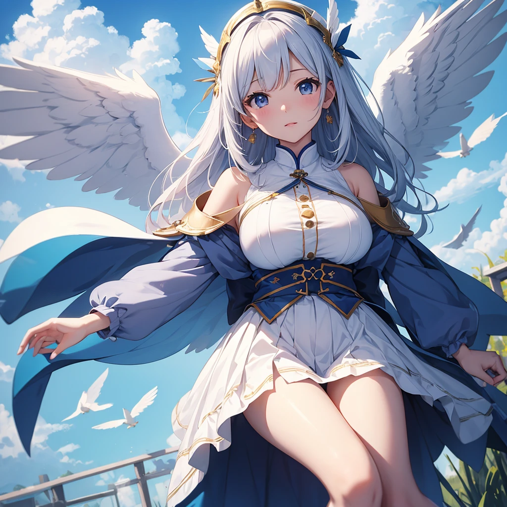 (high quality).(masterpiece)、(Loyal)Girl flying in the sky、has white wings、Big Breasts、blue sky、Big white wings