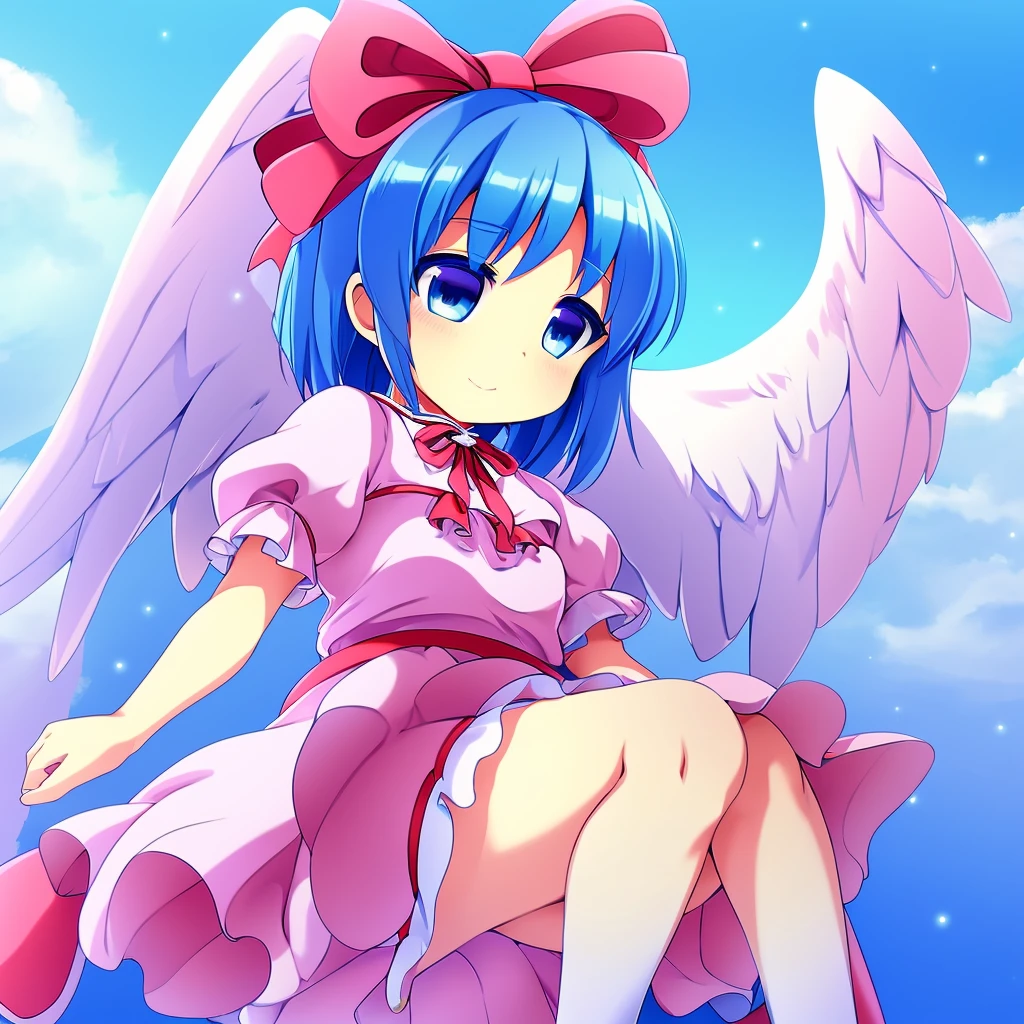 masterpiece, best quality, 1girl, , , 10 years old, medium blue hair, hair flaps, pink ribbon on head, well-formed face, blue eyes, angel girl, white blouse, puffy short sleeves, red ribbon, angel wings, long white skirt, red shoes, frills, ribbon head
