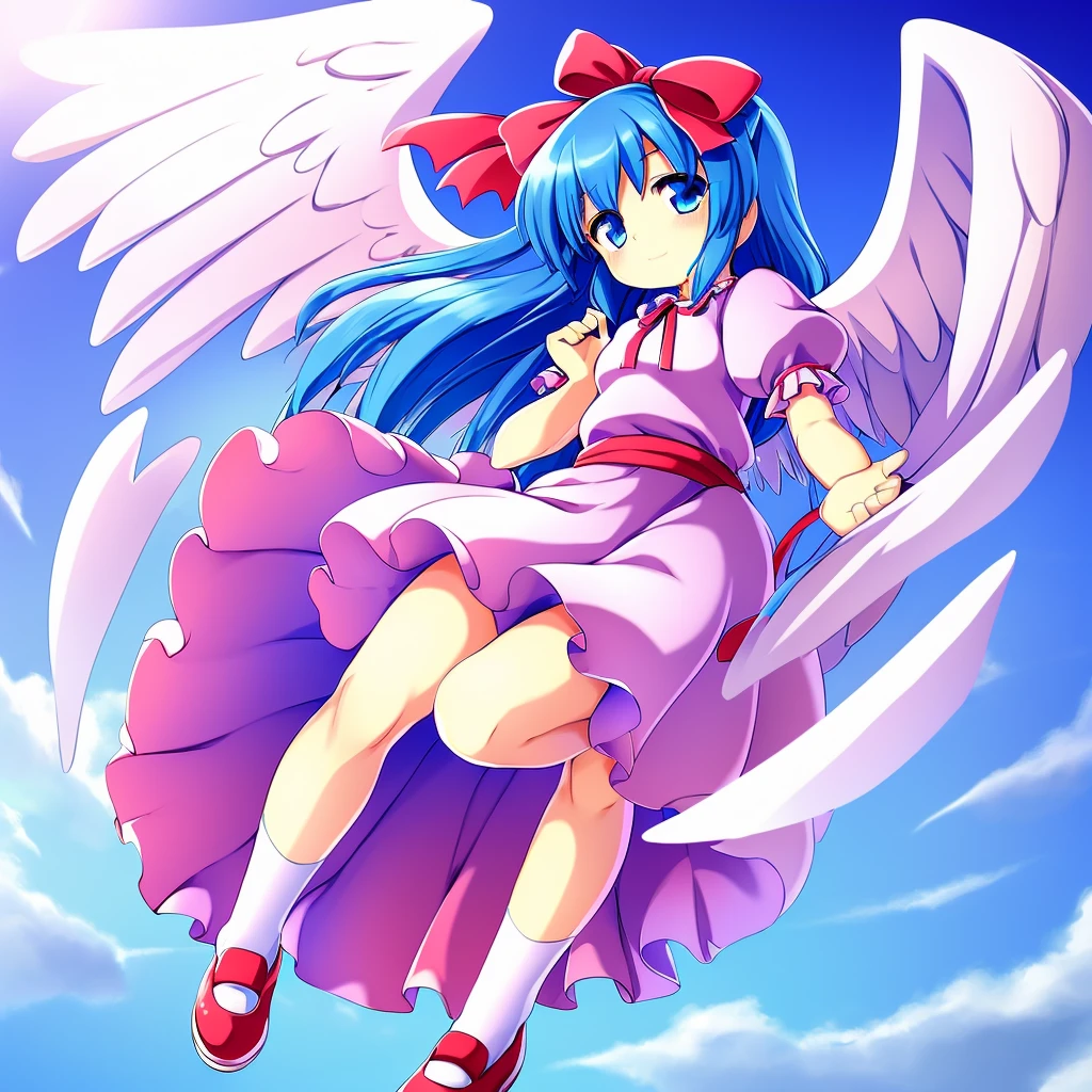 masterpiece, best quality, 1girl, , , 10 years old, medium blue hair, hair flaps, pink ribbon on head, well-formed face, blue eyes, angel girl, white blouse, puffy short sleeves, red ribbon, angel wings, long white skirt, red shoes, frills, ribbon head
