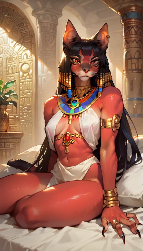 score_9, score_8_up, score_7_up, score_6_up, score_5_up, score_4_up, (thick lines:1.25), Egyptian-themed bedroom, Egypt,
(cat:1.2), anthro, goddess, female, onyx skin, red eyes, sharp claws, long nails, jewelry