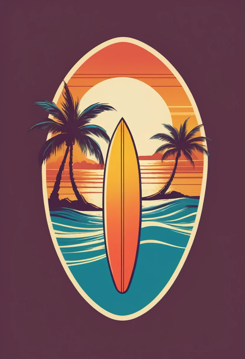 creative logo ilustration retro style of a surfboard with the sunset and palms,, featuring the word ( HOT SUMMER), only three warm colors, minimalist digital art style by dan mumford, marc simonetti, frank frazetta, sketch, high definition, negative space, logo style, T-shirt design