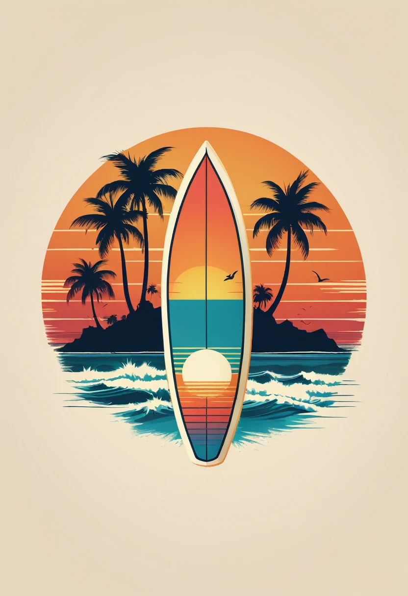 creative logo ilustration retro style of a surfboard with the sunset and palms,, featuring the word ( HOT SUMMER), only three warm colors, minimalist digital art style by dan mumford, marc simonetti, frank frazetta, sketch, high definition, negative space, logo style, T-shirt design
