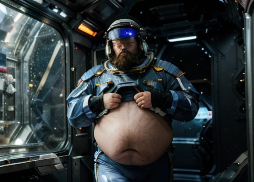  (((Photograph Half of the body of the astronaut in his space uniform, transparent helmet visor for the viewer to see his face, chubby man, extremely thick thighs, large belly, fat, aged 50, bearded, full beard ))). walks with a device in his hands analyzing the unknown environment of the planet. Atmosphere of the day. ( collecting a sample of minerals from the planet). arms gesturing, communicating with hand and arm gestures, detailed dynamic photography perfect image in every detail. Walking inside your spaceship 