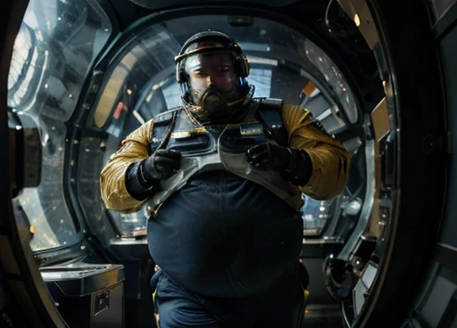 (((Photograph Half of the body of the astronaut in his space uniform, transparent helmet visor for the viewer to see his face, chubby man, extremely thick thighs, large belly, fat, aged 50, bearded, full beard ))). walks with a device in his hands analyzing the unknown environment of the planet. Atmosphere of the day. ( collecting a sample of minerals from the planet). arms gesturing, communicating with hand and arm gestures, detailed dynamic photography perfect image in every detail. Walking inside your spaceship