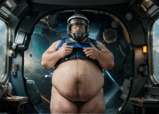 (((Photograph Half of the body of the astronaut in his space uniform, transparent helmet visor for the viewer to see his face, chubby man, extremely thick thighs, large belly, fat, aged 50, bearded, full beard ))). walks with a device in his hands analyzing the unknown environment of the planet. Atmosphere of the day. ( collecting a sample of minerals from the planet). arms gesturing, communicating with hand and arm gestures, detailed dynamic photography perfect image in every detail. Walking inside your spaceship