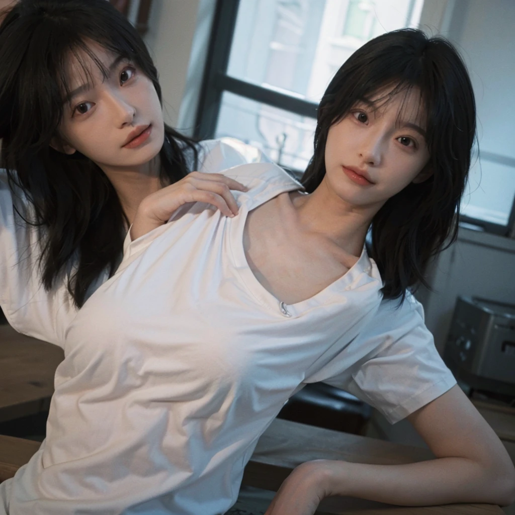 Two people facing each other and hugging happily、Two people hugging each other happily、Two people hugging each other tightly、Both of them stare intently at the camera、Look firmly at the camera、Lesbian couple、Lily couple、((Bring your cheeks together))、Two pretty and pretty girls、​masterpiece、top-quality、realisticlying、realisitic、Seductive bright smile、Both of them have short clean hair with bangs、bangss、bangss、Both have short hair、clean hair with bangs、Short sleeve collar shirt with collar、Collared shirt、(Plaid pleated skirt)、enticing eyes、Both have very large breasts、very Bigger breasts、Big ass、big breasts thin waist、(cleavage of the breast)、(Immaculate white background with nothing really)、(24 year old）、ighly detailed、Very tall、neck long、the neck is long、Straighten your back、Put your ears out、Highlights in the eyes、lipgloss、glowy skin、White-colored skin、Clean collarbone、closes mouth、Close your mouth and smile、Happily、Nice proportions、lovely、Charming and endearing、Colorful random collar shirt、Colorful random color skirt、Do not add shadows、No shadows