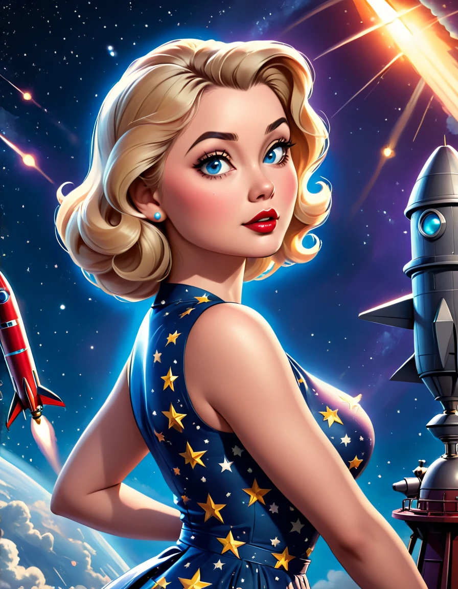 beautiful busty tall long blonde 1940's pinup girl, detailed face, beautiful eyes, beautiful lips, detailed intricate dress, rocket launching in star-filled background, dramatic lighting, cinematic composition, photorealistic, (best quality,4k,8k,highres,masterpiece:1.2),ultra-detailed,(realistic,photorealistic,photo-realistic:1.37),dynamic pose, cinematic atmosphere, dramatic lighting and colors, highly detailed, volumetric lighting, intricate textures, seamless blending, stunning realism