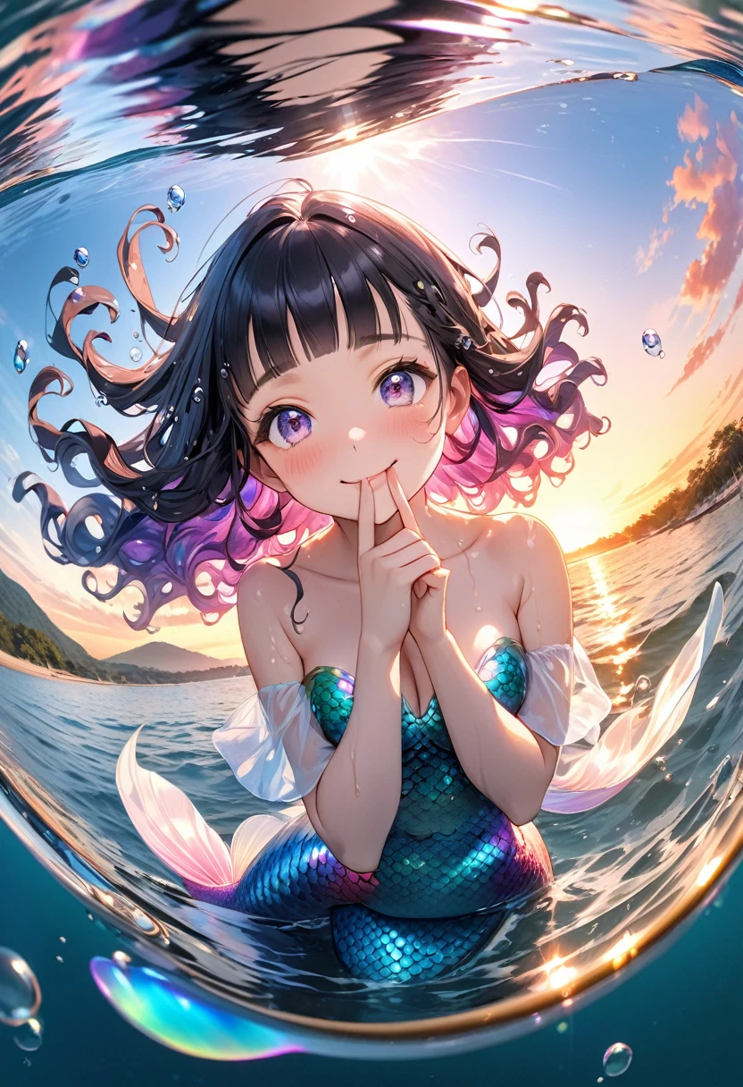 Double exposure, Fisheye Lens, RAW Photos:1.2, masterpiece, Highest quality, 16K, Unbelievably absurd, Very detailed, Perfect beauty, Beautiful cute mermaid,, Long, jet-black curly hair, Blunt bangs, Long sideburns, Wet Hair, Vibrant colors, Ultra-realism:1.2, Middle chest, Iridescent Scales, Jump halfway up into the sea, A rainbow in a beautiful blue sky, Water bubbles, Girl looks up, Secret Pose, A shy smile, Mirror Effect:1.2,