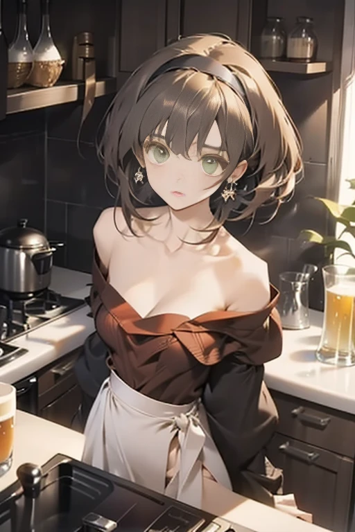 (from above:1.2), (perky chest:1.2), (pointed chest:1.2), 1girl, Bust A Cup, Amazing Cleavage:1.1, thin waist, big ass, Raised cute, small breast: 1.1 posed cleavage:1.2、solo, looking at viewer, have a cute glass of cute beer glass,black hair, dark green eyes, dress, bare shoulders, jewelry, collarbone, side locks, hairband, earrings, indoors, off shoulder, arms behind back, plants, short hair with long locks, gild hairband, off-shoulder dress, sweater dress, off-shoulder sweater, red sweater, dark gold hair, big side hair, very long side hair,is rendered in (masterpiece: 1.2, best quality), with (ultra high resolution) and an exquisite (depth of field). This masterpiece is not only visually stunning but also tells,A scene of cooking in the kitchen
