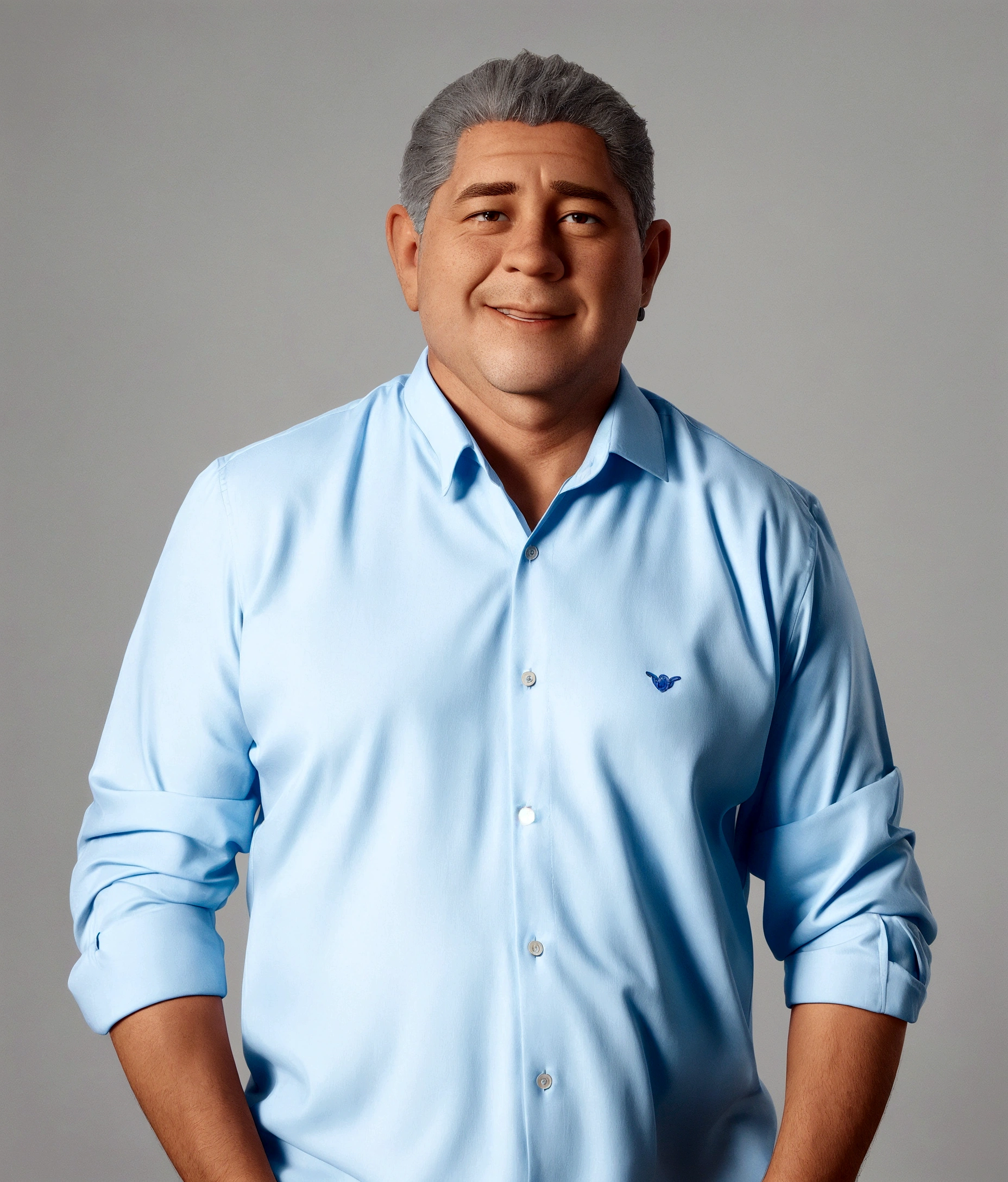 man, very short hair, slightly gray, with blue dress shirt