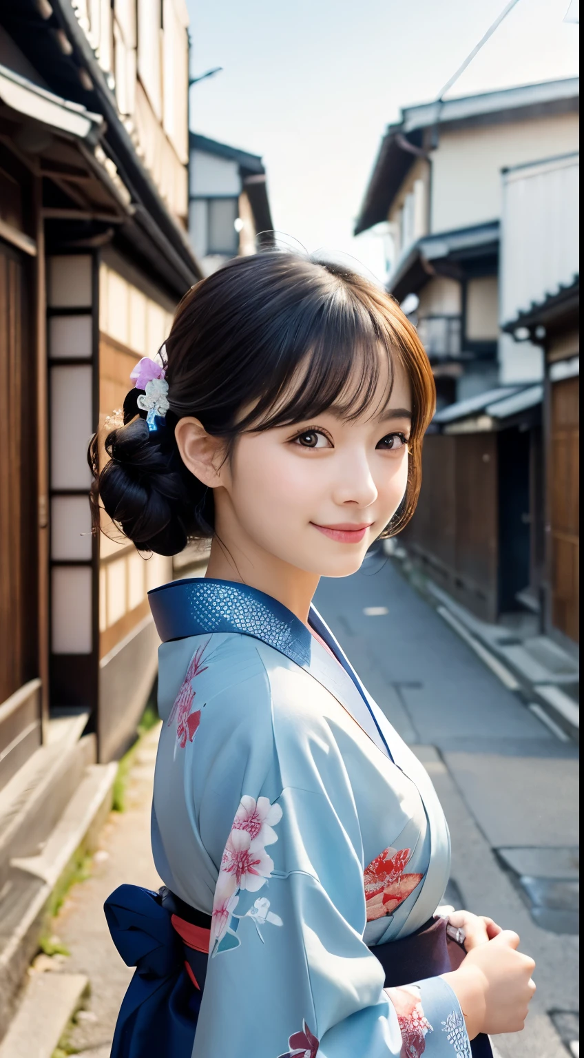 Professional Lighting,(Photorealistic:1.4), (Top image quality:1.0), (超A high resolution:1.0), 8K, Raw photography, (masterpiece:0.2), (Facing the children_v1:0.5)、(最高quality Detail:1.2)、Realistic、8K Ultra HD、High resolution、(1 girl:1.2)、超detailedな、High quality textures、複雑なdetailed、detailed、Very detailed CG、High quality shadows、detailed 美しく繊細な顔、Beautiful details and a delicate eye、(Symmetrical eyes:1.2),Written boundary depth、Ray Tracing,1 girl, Japanese Girls, (Natural smile:1.4),cute, thin, Portrait of a beautiful Japanese woman in a kimono, Standing elegantly on a street corner in Kyoto. Kimono with vibrant traditional patterns, Hair decorated with elegant and delicate hairpins, Gentle expression. (With the old streets of Kyoto in the background:1.4)、The soft light of a spring afternoon、Adding tranquility to the scene. Rendered in a Realistic style with great attention to detail, High resolutionの画像.Sky Porn, Magic Hour, (Realistic:1.3), finely, quality, (Tabletop:1.2), (Realistic:1.2), (最高quality), (複雑なdetailed), dramatic, Ray Tracing, photograph, +roller