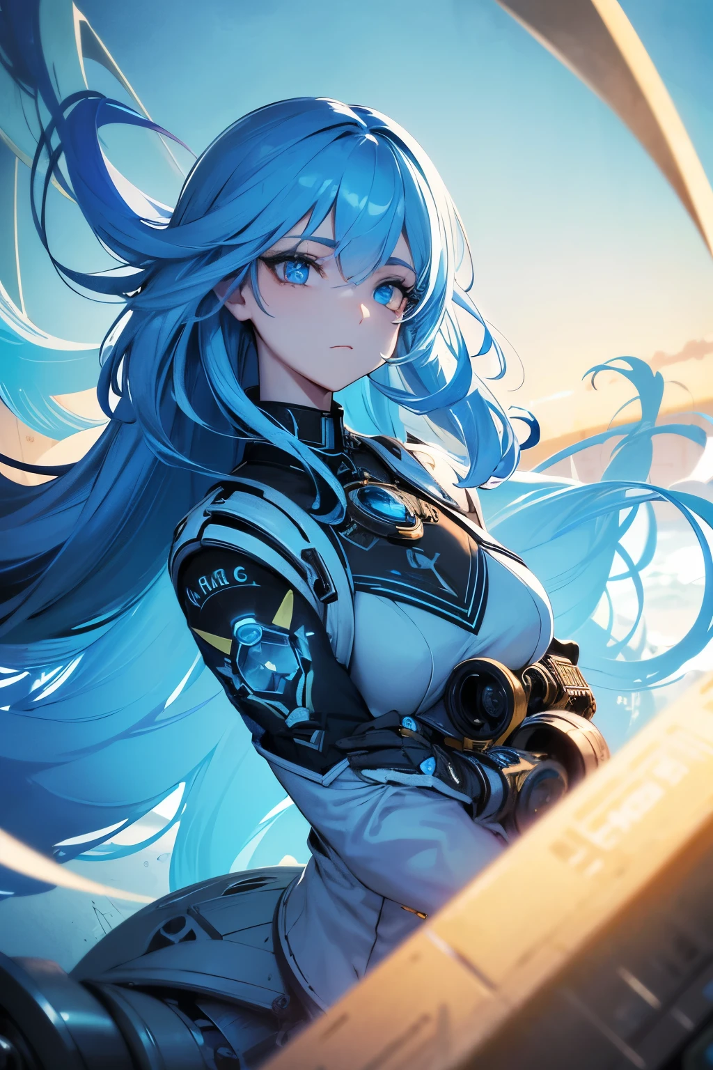 ((cinematic angle)),((masterpiece)), stylish pose, best quality, ultra detailed,8K, a beautiful robot girl, beautiful long blue hair, ringlets, beautiful glowing celadon eyes,  two-tone hair, highly detailed beautiful face and eyes, intense angle, blissful, thigh focus, faint light, robot joints, steampunk, armored dress, ice wings