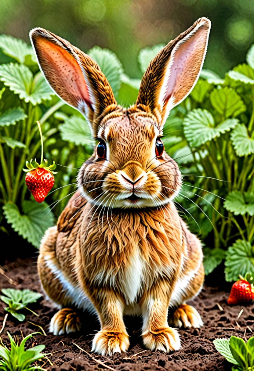 brown rabbit, with dark colored legs. He has very big ears and has a strawberry on his nose., He also has very long eyelashes and has white hearts on his fur.  